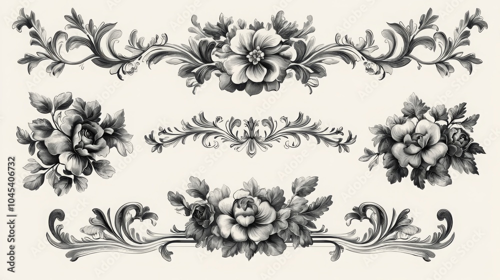 Naklejka premium Decorative Floral Frames and Borders in Monochrome Design
