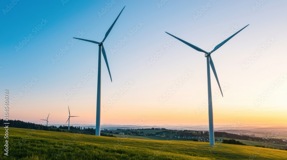 Peaceful Sunset Over Wind Farm Near Village