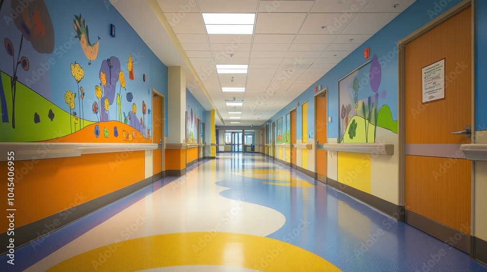 A serene view down a pediatric hospital corridor, with colorful walls and playful decorations, making the environment comforting and friendly for children. A serene view down a pediatric hospital corridor, with colorful walls and playful decorations, making the environment comforting and friendly for children.
