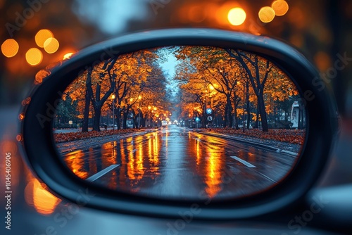 Autumnal Cityscape Reflected in Rearview Mirror