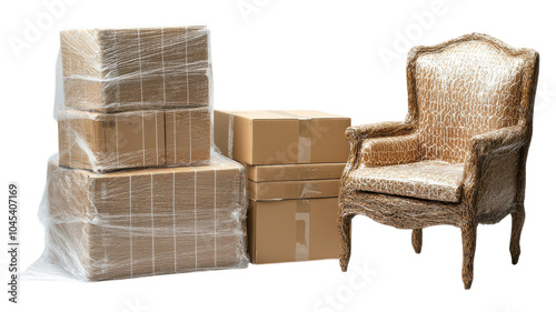 Stacked cardboard boxes and a vintage chair ready for moving in a home environment. photo