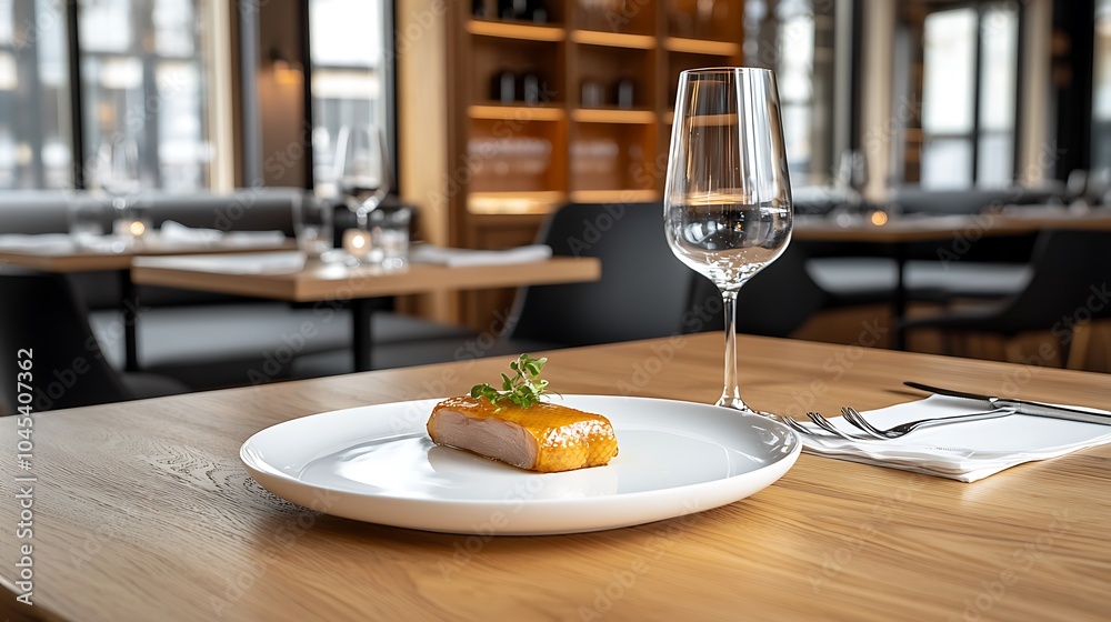 Fototapeta premium Exquisite culinary presentation a modern dining experience with delicate fish dish and elegant table setting in a fine restaurant
