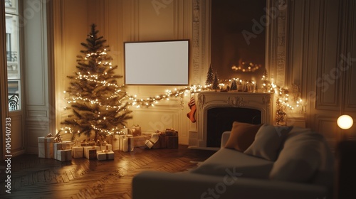 A cozy living room decorated for Christmas, featuring a glowing Christmas tree, a fireplace adorned with fairy lights, a blank picture frame, and wrapped gifts, creating a warm and festive atmosphere