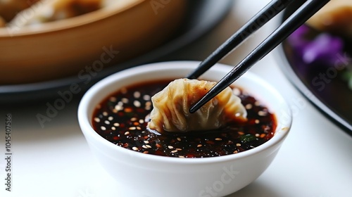 A dumpling is being dipped into a flavorful soy sauce blend with sesame seeds