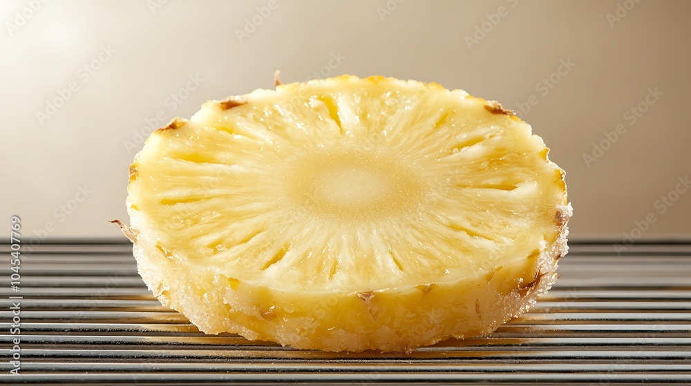 Deliciously sweet pineapple slice captured on a grill rack highlighting its juicy texture and vibrant color for culinary delight