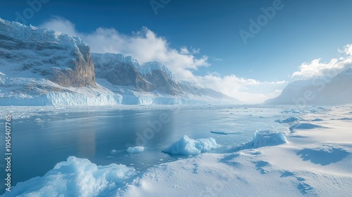 Majestic frozen terrain reveals a serene river and distant peaks bathed in soft sunlight