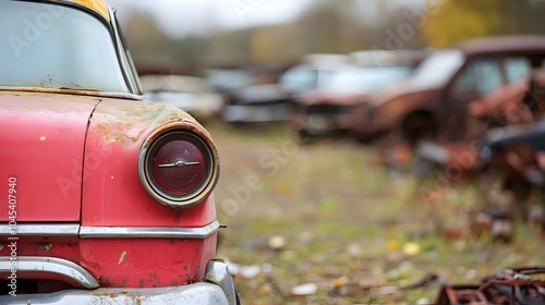 Rusty Relics Vintage Cars with Peeling Paint in a Quiet Salvage Yard Surrounded by Overgrown Weeds and Rusted Parts - A Nostalgic Automotive Scene
