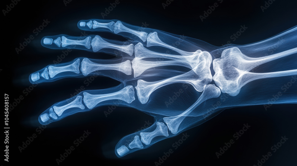 X ray scan of human hand revealing intricate bone structure and joints