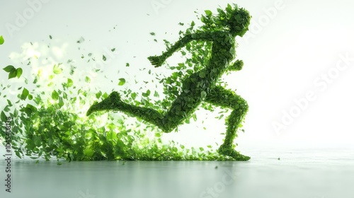 A dynamic figure composed of vibrant leaves races ahead, embodying nature's energy photo