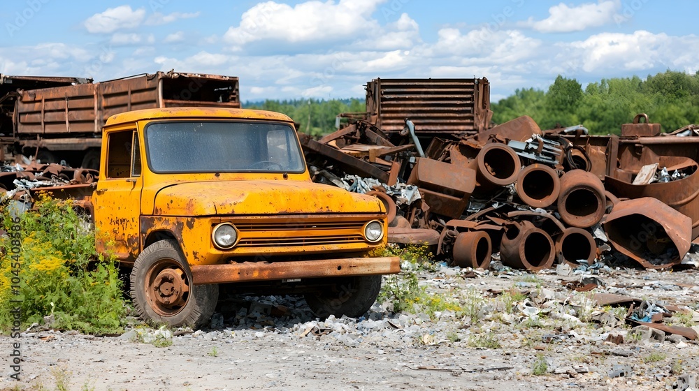 Obraz premium Abandoned Scrapyard with Rusted Vehicles and Machinery Remains - Overgrown Weeds and Broken Metal Parts Create a Chaotic Landscape