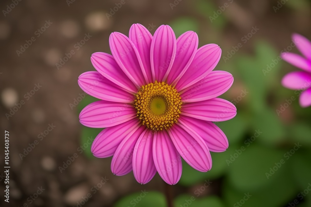 Obraz premium A vibrant pink flower with a yellow center, elegantly displayed on a deep brown background, showcasing its natural beauty. Generative AI