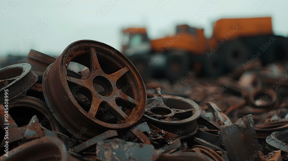 Obraz premium Abandoned Vintage Trucks with Rusted Rims in Industrial Scrapyard - A Haunting Look at Discarded Machinery and Forgotten History