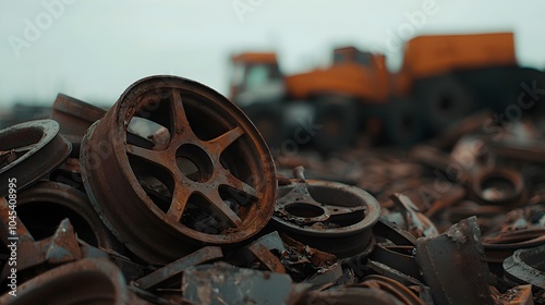 Abandoned Vintage Trucks with Rusted Rims in Industrial Scrapyard - A Haunting Look at Discarded Machinery and Forgotten History