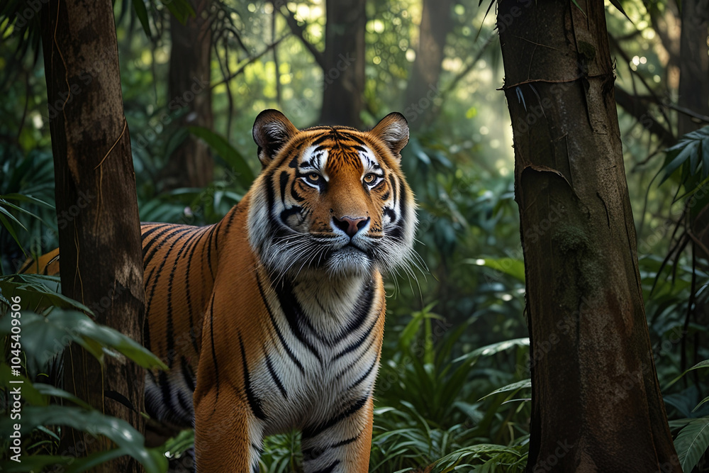 Fototapeta premium Majestic Bengal Tiger Prowling Through Lush Jungle Foliage