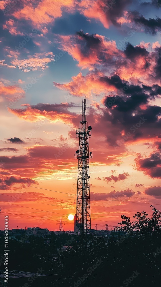 Tower Silhouette Against Stunning Sunset Sky Tower Silhouette Against Stunning Sunset Sky