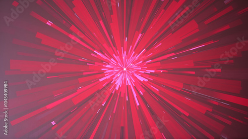 Abstract painting featuring radiating bursts of red and pink hues from a central point, Radiating bursts of red and pink hues from a central point