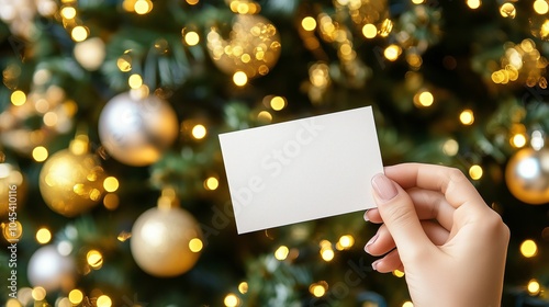 A close-up of a hand holding a blank card in front of a beautifully decorated Christmas tree with glowing golden lights and ornaments, creating a festive and warm holiday atmosphere