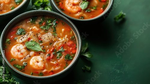 A warm bowl of shrimp soup with veggies and herbs, ideal for a cozy meal