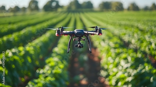 A drone flying over a solar field, inspecting rows of photovoltaic panels for maintenance and efficiency