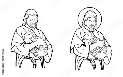 Jesus christ, the good shepherd, holding a lamb, line art illustration