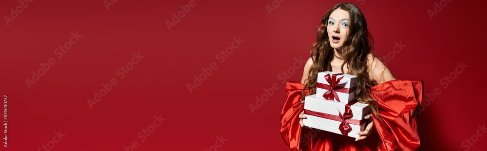 A young woman in a striking red gown looks surprised while holding wrapped presents, expressing joy. A young woman in a striking red gown looks surprised while holding wrapped presents, expressing joy.