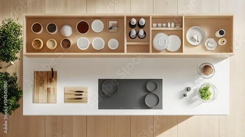 A top view of a cozy kitchen with light wood cabinets, white countertops, and minimalist decor