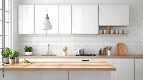 A bright kitchen with wooden countertops, white cabinetry, and minimalist decor