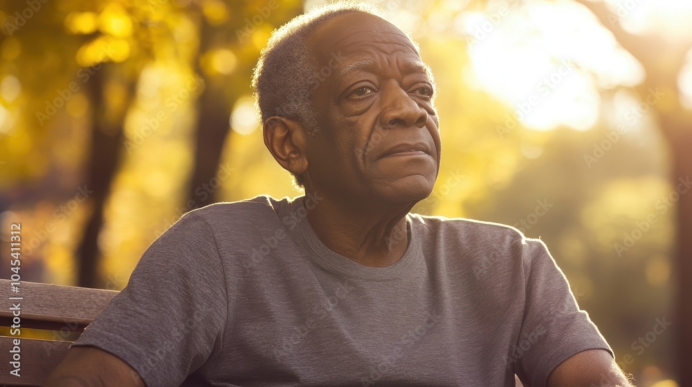 An elderly Black man sits peacefully on a park bench, enjoying a moment of reflection An elderly Black man sits peacefully on a park bench, enjoying a moment of reflection