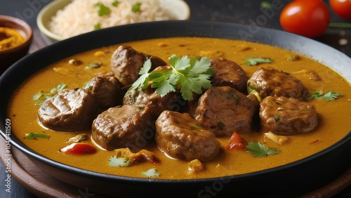 A hot curry with kabab, served with grilled meat and rice. A savory dish packed with flavor and spices.