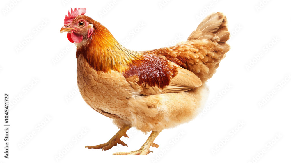 Fototapeta premium A brown hen walking on a transparent background showcasing its vibrant feathers and healthy appearance in a natural setting.