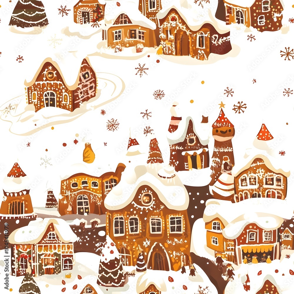Gingerbread Village on Christmas, New year and other holidays with seamless pattern Gingerbread Village on Christmas, New year and other holidays with seamless pattern