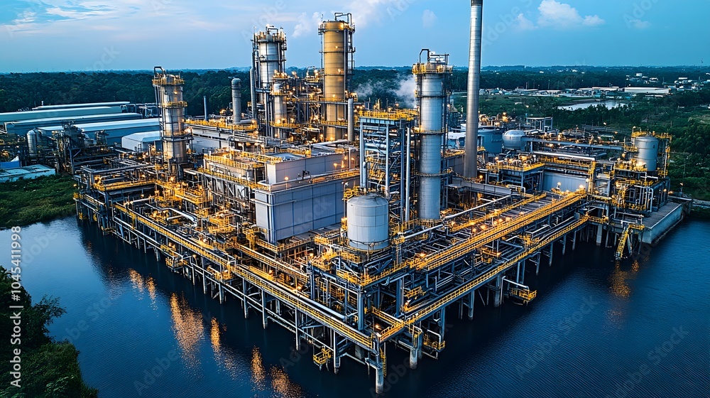 Fototapeta premium A futuristic steel manufacturing plant powered by green hydrogen, showcasing its role in decarbonizing heavy industries