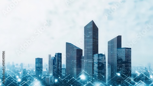 A futuristic city skyline with tall buildings, overlaid with a digital interface and a blue color scheme, suggesting a blend of technology and urban living.