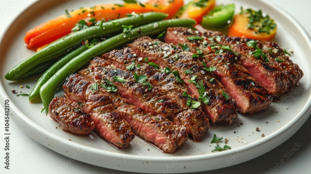 A deliciously grilled steak served alongside vibrant carrots and green beans A deliciously grilled steak served alongside vibrant carrots and green beans