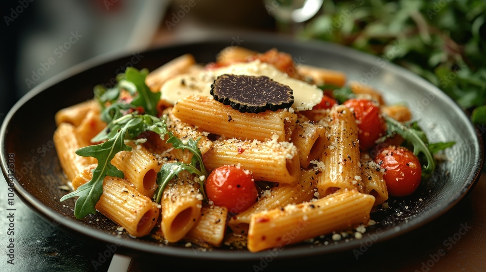 Rigatoni with cherry tomatoes, arugula, and black truffle, elegantly served Rigatoni with cherry tomatoes, arugula, and black truffle, elegantly served