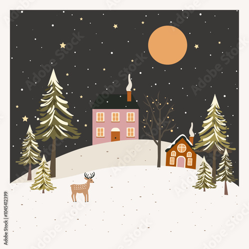 Peaceful night winter Christmas landscape with cute little houses and reindeer in the snowy surroundings, vector illustration