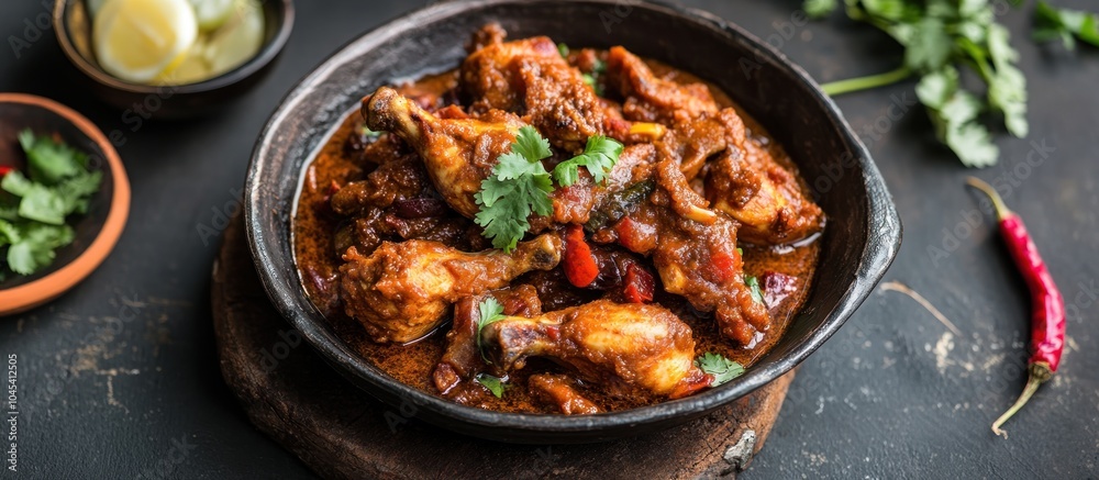 Close-up of a spicy chicken stew with red peppers and cilantro in a black bowl on a rustic wooden surface. Close-up of a spicy chicken stew with red peppers and cilantro in a black bowl on a rustic wooden surface.