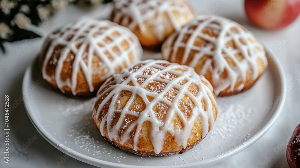 Warm and sweet pastries with a delightful apple filling, elegantly drizzled with icing Warm and sweet pastries with a delightful apple filling, elegantly drizzled with icing