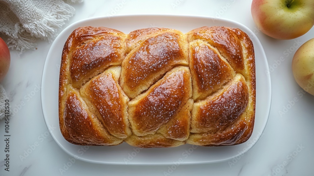 A warm, golden apple cinnamon loaf rests elegantly on a platter, inviting tasting A warm, golden apple cinnamon loaf rests elegantly on a platter, inviting tasting