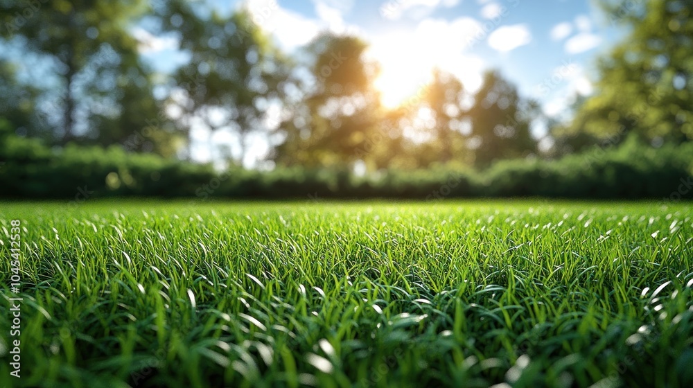 Sunlight breaks through trees, illuminating vibrant grass in a tranquil outdoor area Sunlight breaks through trees, illuminating vibrant grass in a tranquil outdoor area