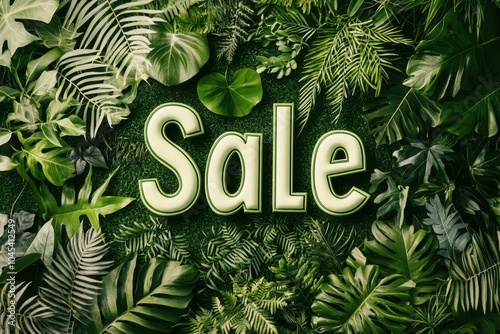 Green Monday background with 'sale' word concept. A vibrant display of greenery with the word 