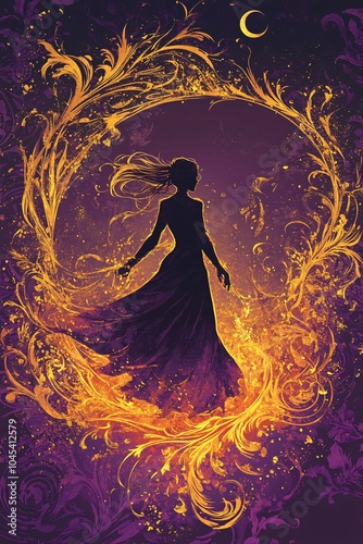 Enchanting mystique a captivating silhouette dances in a fiery floral circle beneath the moonlight's embrace