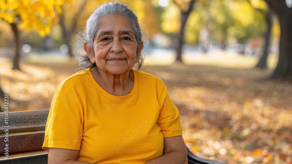 An elderly Hispanic woman sits calmly on a park bench, surrounded by vibrant autumn leaves An elderly Hispanic woman sits calmly on a park bench, surrounded by vibrant autumn leaves