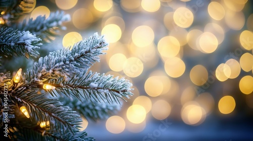 A festive outdoor winter scene with snowy pine branches adorned with glowing Christmas lights, set against a blurred background of warm golden bokeh, creating a cozy and magical holiday atmosphere. photo