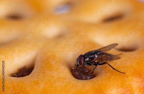 Macro photo of a fly on food. A fly on a cracker. A small insect looking for food or sugary treats.