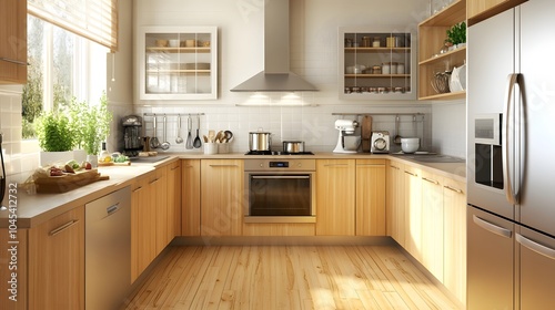 A Scandinavian kitchen with ample natural light, sleek appliances, and uncluttered surfaces photo