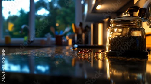 Ants marching on a kitchen counter near a glass jar filled with seeds.