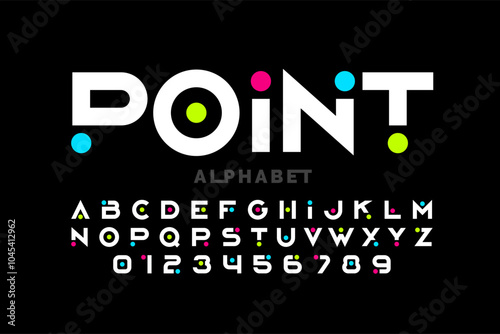 Point. Modern font design with colorful dots inside, alphabet letters and numbers vector illustration