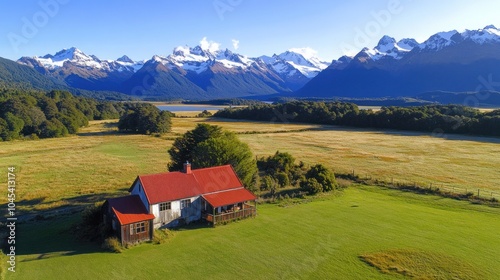 A small, rustic farmhouse with a red roof sits on a grassy field in front of a stunning mountain range and lake.