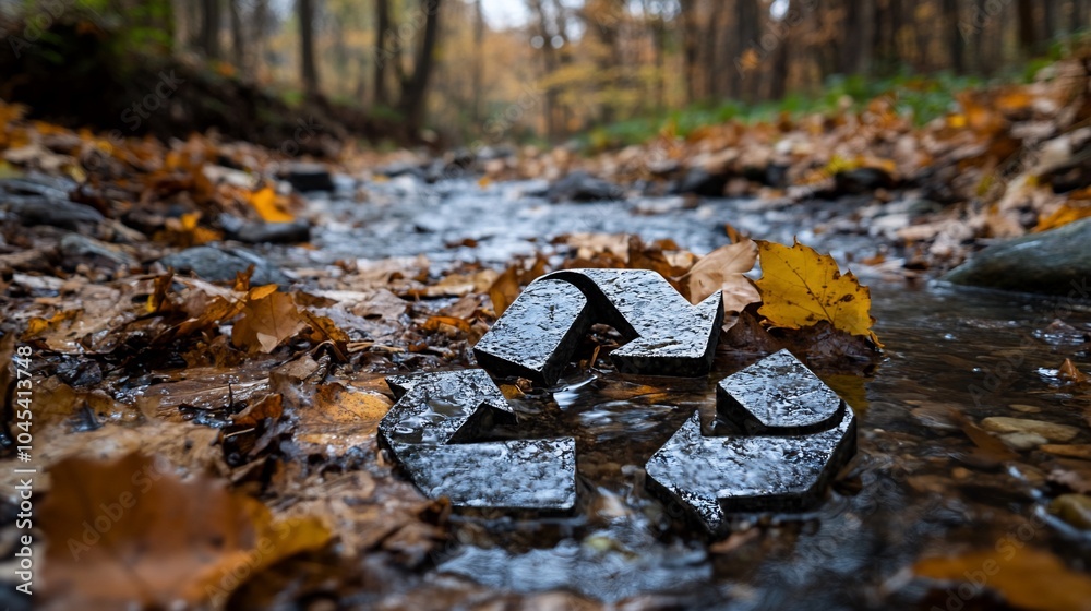 A recycle symbol sits in a stream with fallen leaves. A recycle symbol sits in a stream with fallen leaves.